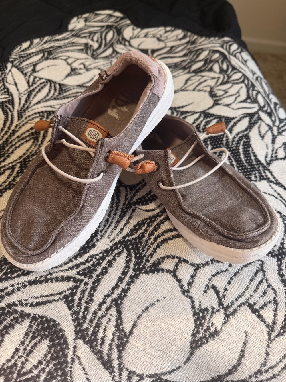 Hey Dude Brown Chambray Slip-On Loafers with Tan Accents